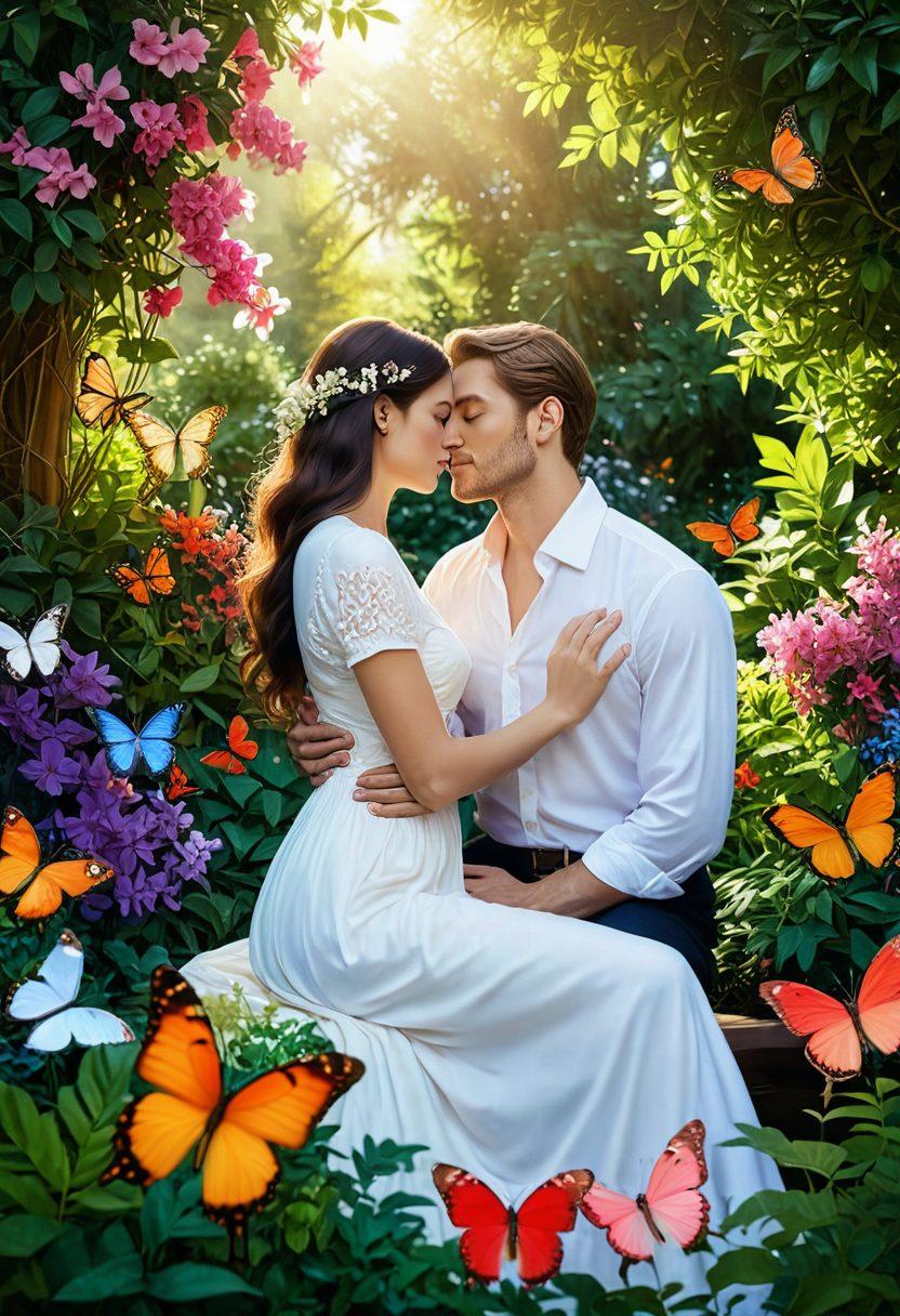 A serene couple embracing in a lush, vibrant garden symbolizing connection and intimacy, surrounded by blooming flowers representing sexual wellness. Soft sunlight filters through the leaves, creating a warm and inviting atmosphere. Include subtle symbols of empowerment like butterflies and hearts drifting in the air. super-realistic. vibrant colors. natural setting.