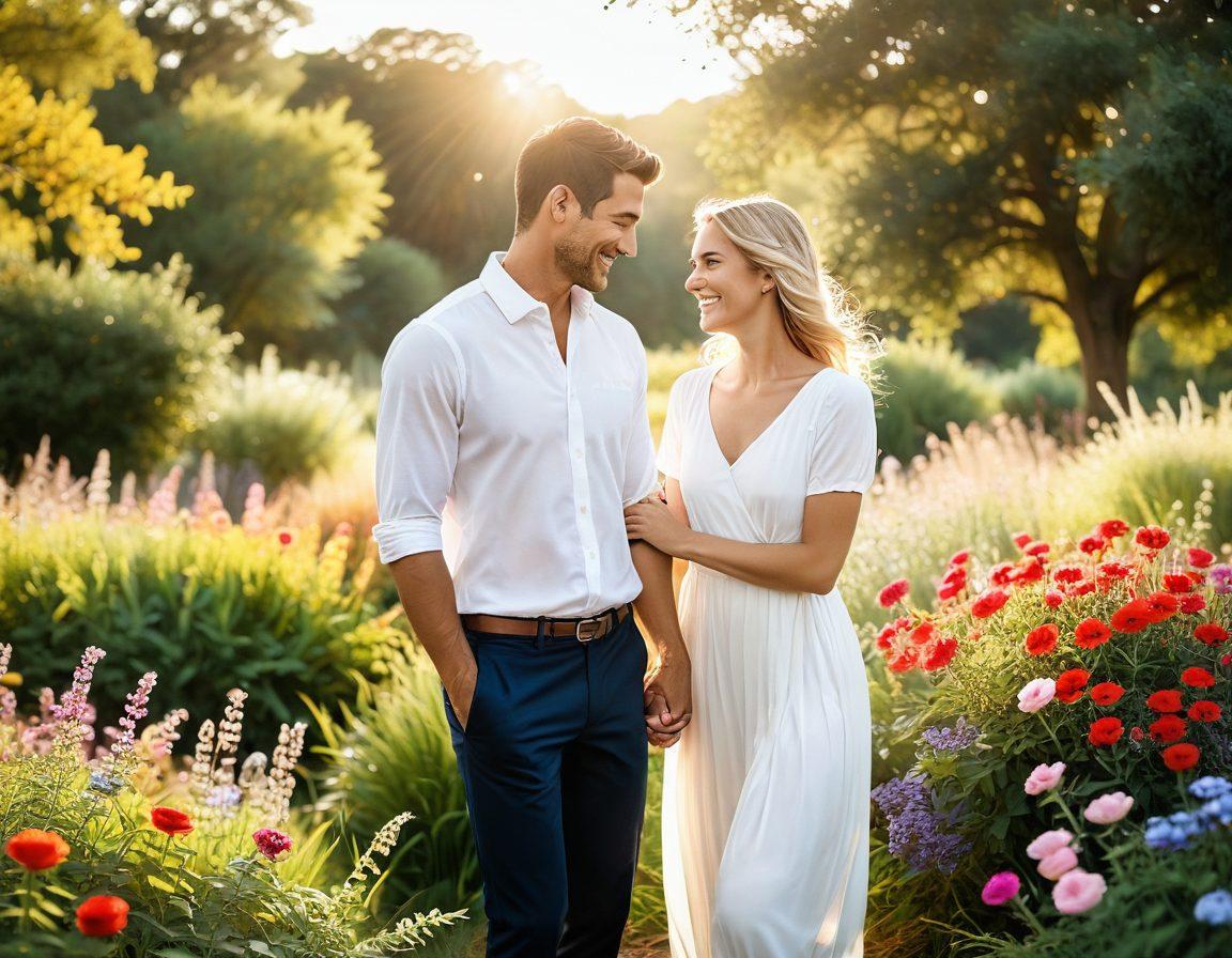 A couple joyfully exploring a vibrant landscape, engaging in meaningful conversation, surrounded by colorful flowers and soft sunlight. Include elements of connection, such as intertwined hands and smiling faces, to evoke feelings of happiness and love. Add warm tones and gentle light that suggest an intimate atmosphere. super-realistic. vibrant colors. soft focus.